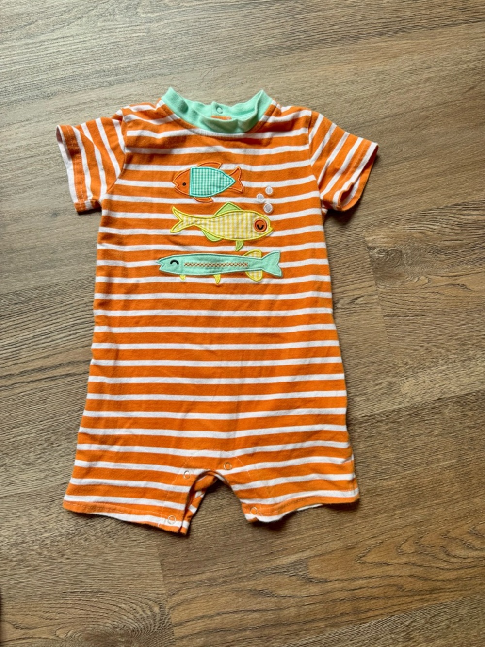 Trotter St Kids Orange Striped Romper with Fish Appliqué
